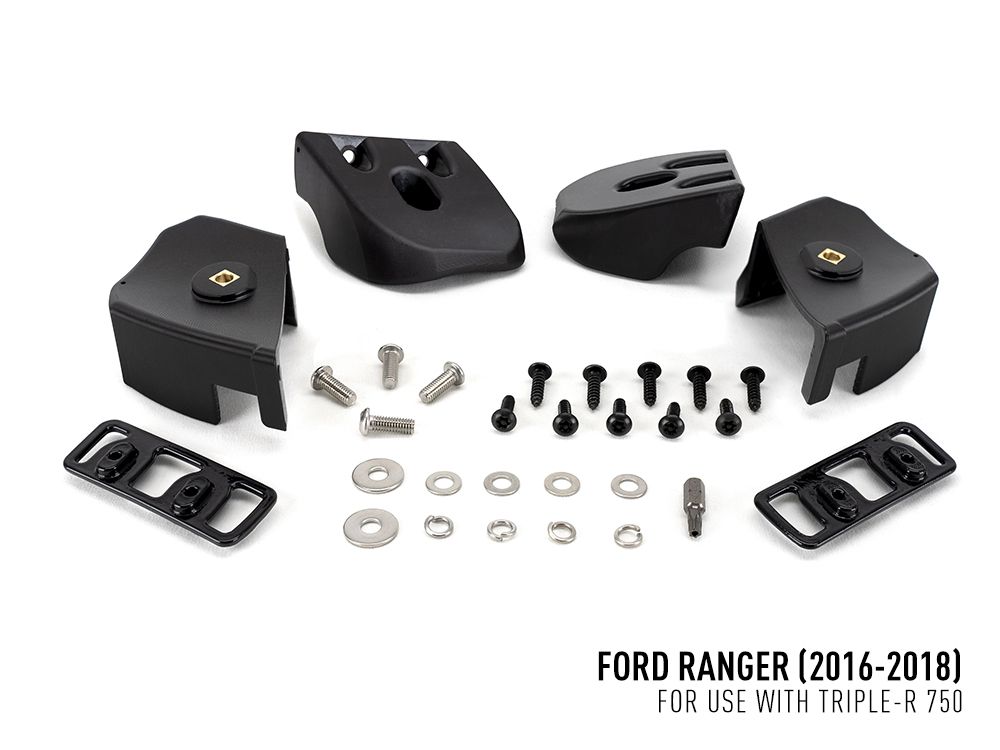 Black automotive parts and hardware kit for Ford Ranger (2016-2018) on a white background