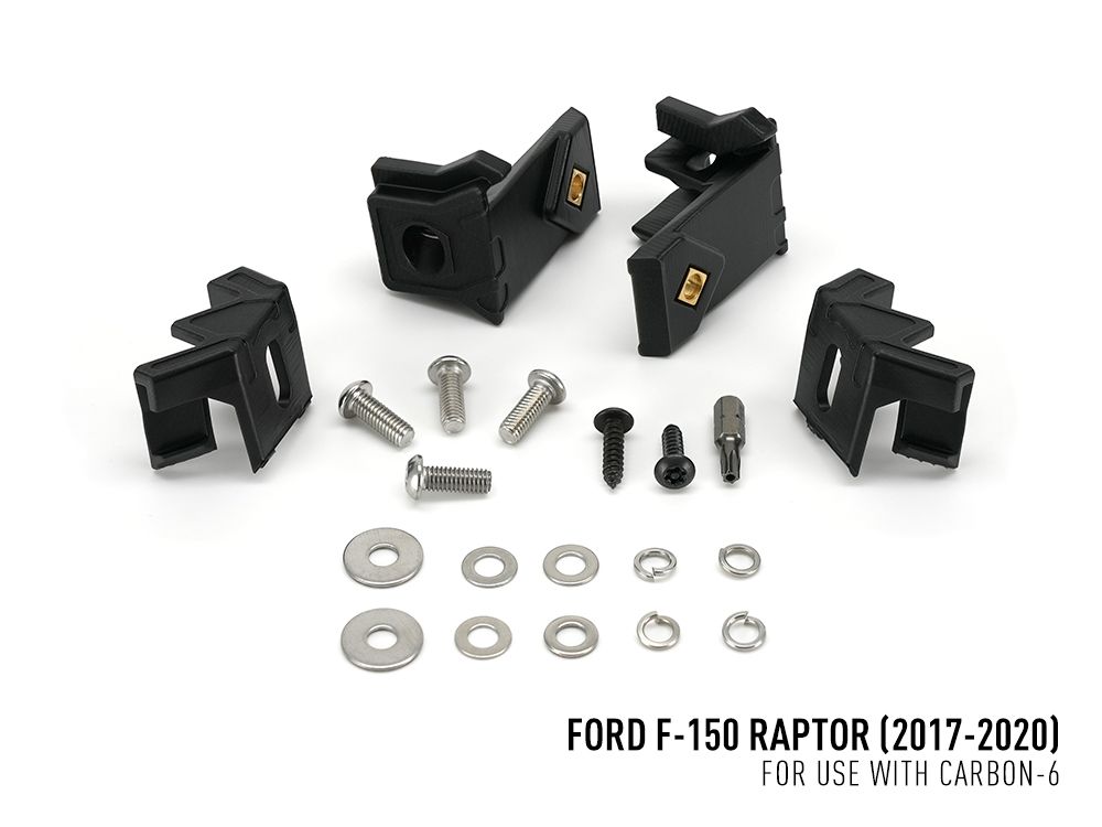 Set of black plastic brackets and metal bolts on a white background with text indicating compatibility for Ford F-150 Raptor.