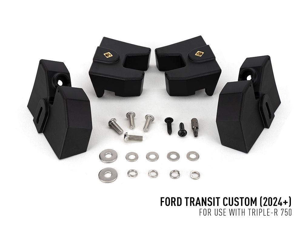 Black automotive suspension lift kit components with screws and washers on a white background, labeled for Ford Transit Custom.