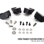 Black car body kit with screws and washers on a white background, labeled for Ford Transit Custom Sport.