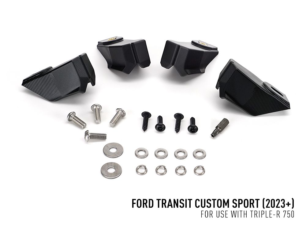 Black car body kit with screws and washers on a white background, labeled for Ford Transit Custom Sport.