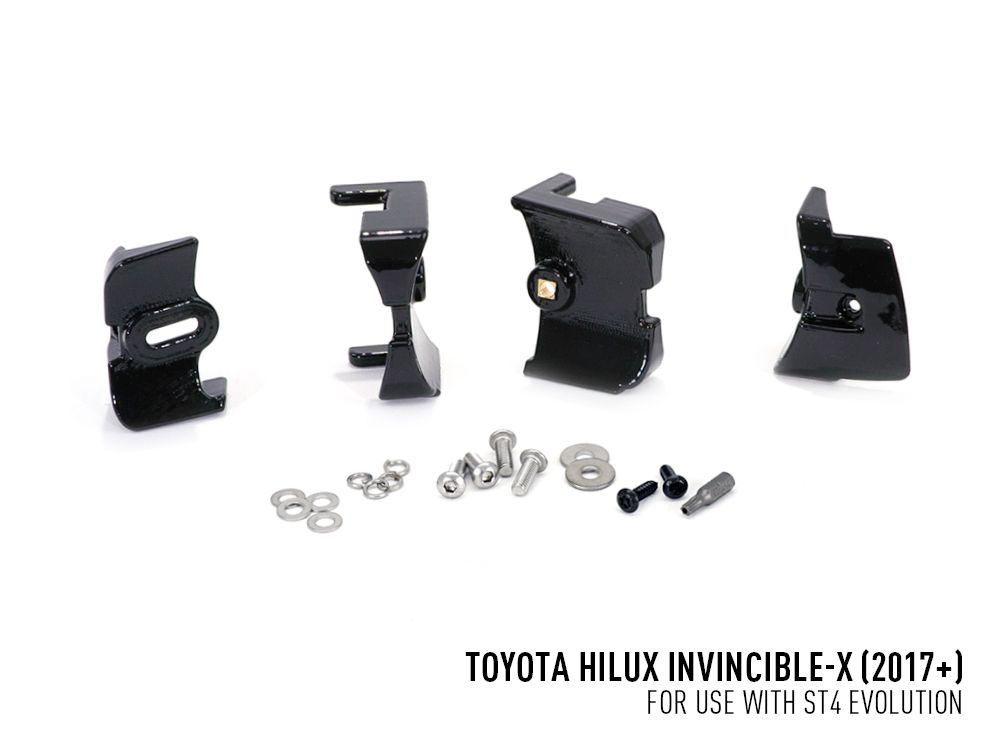 Set of black metal brackets and screws for Toyota Hilux Invincible-X on a white background