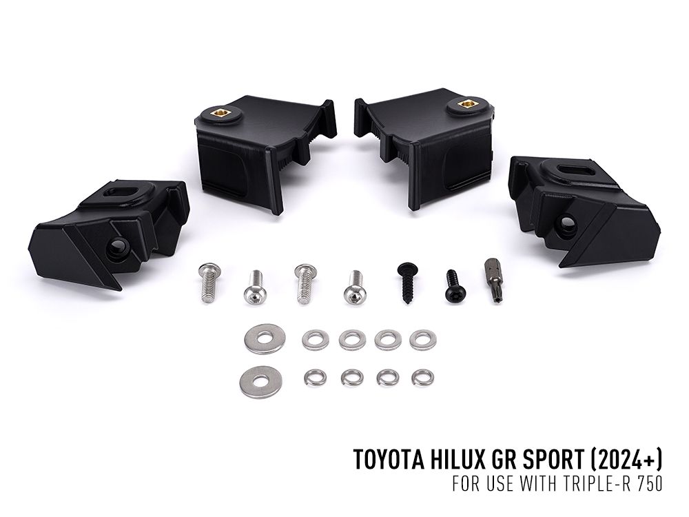 Black mechanical components and hardware on a white background with Toyota Hilux GR Sport text.