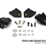 Set of black mechanical components and screws on a white background with Toyota Land Cruiser 250 text.