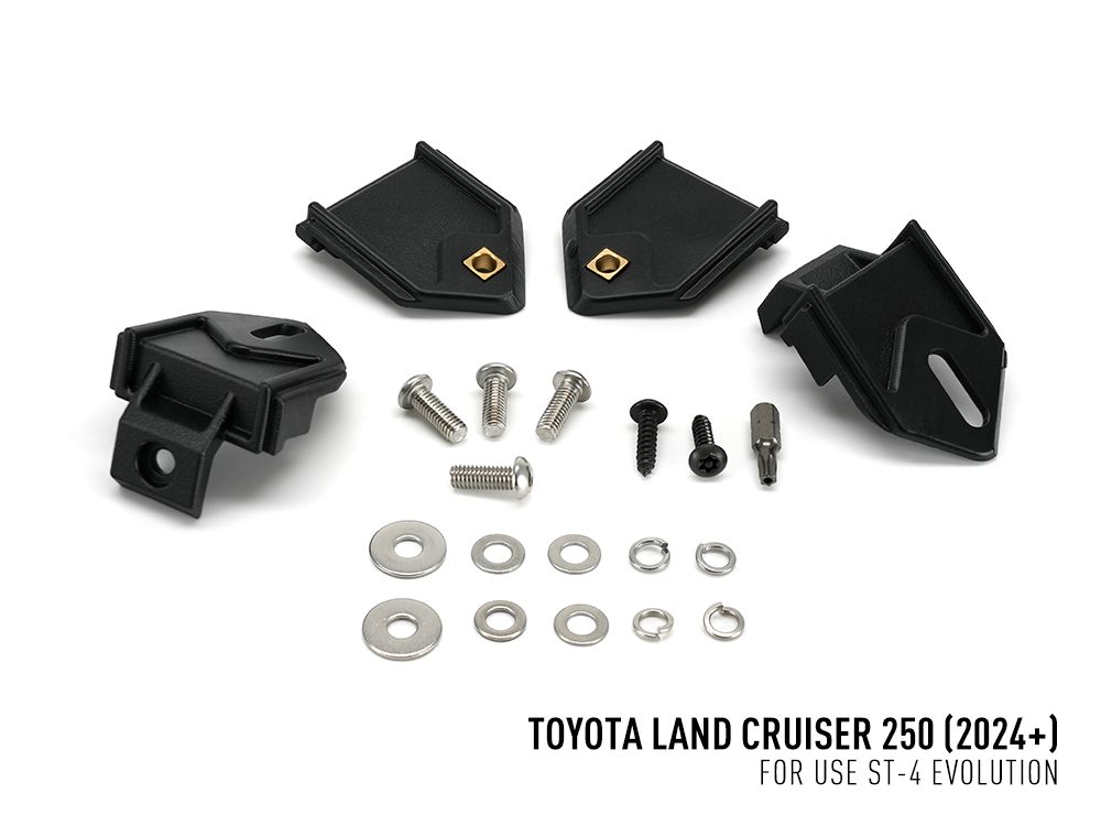 Set of black mechanical components and screws on a white background with Toyota Land Cruiser 250 text.