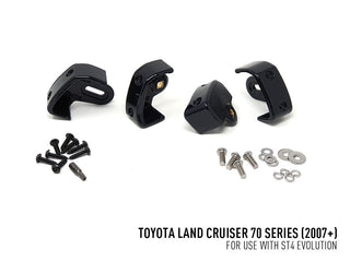 Set of black metal brackets and screws for Toyota Land Cruiser 70 Series on a white background