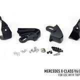 Black mechanical parts and hardware on a white background with Mercedes X-Class V6 text.