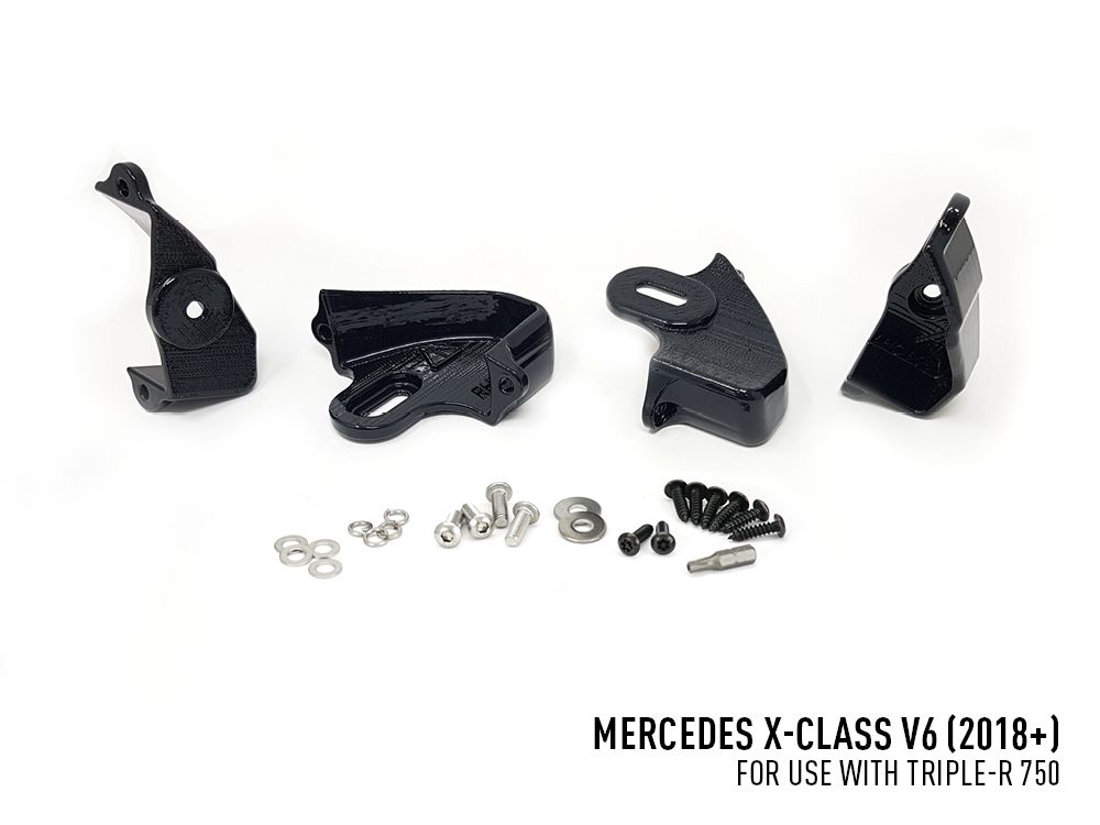 Black mechanical parts and hardware on a white background with Mercedes X-Class V6 text.