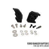 Black car bumper parts with screws and washers on a white background, labeled for Ford Ranger Raptor.