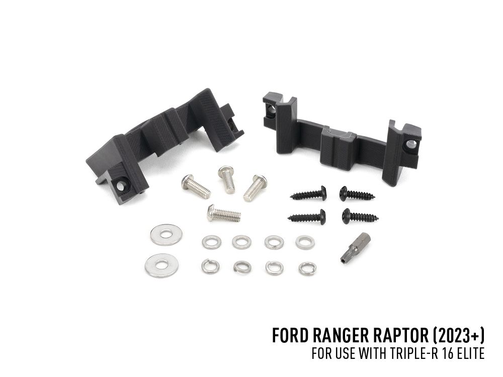 Car accessory kit for Ford Ranger Raptor with screws and washers on a white background