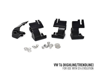 Set of black mechanical components with screws on a white background