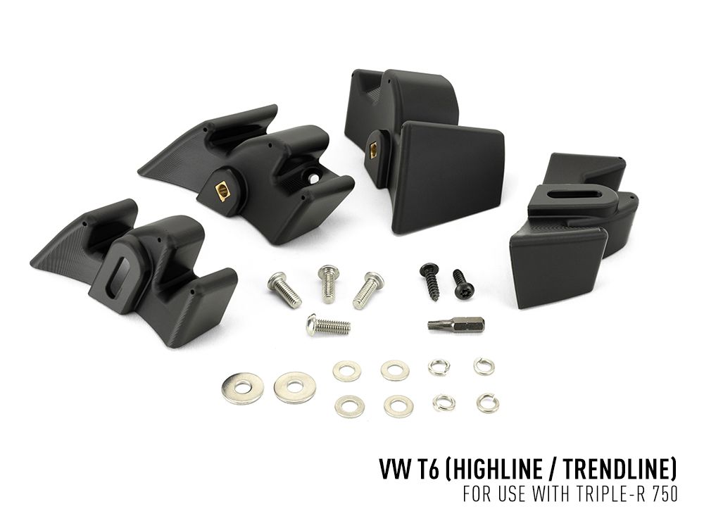 Black car roof rack components with screws and washers on a white background
