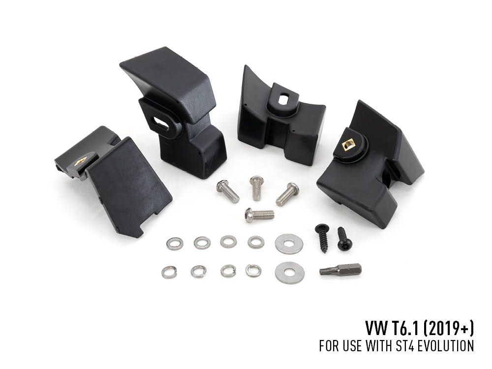Black mechanical components with screws on a white background, labeled for VW T6.1 (2019+).