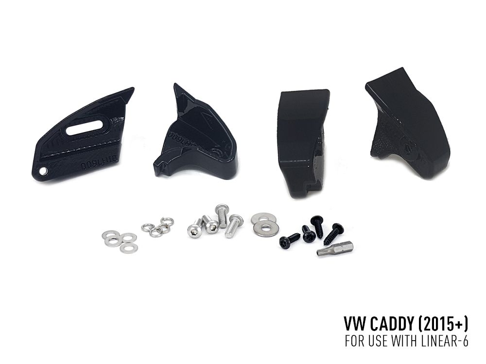 Black car parts and screws on a white background with 'VW Caddy (2015+)' text.