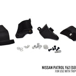 Black automotive parts and hardware on a white background with Nissan Patrol Y62 text.