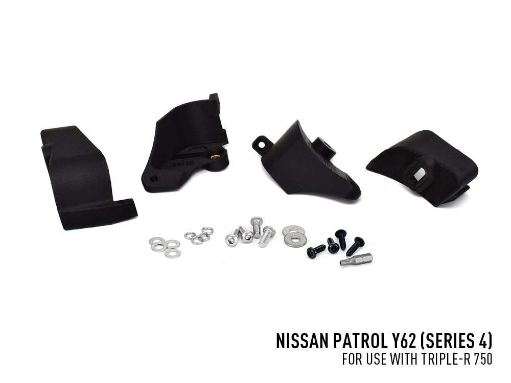 Black automotive parts and hardware on a white background with Nissan Patrol Y62 text.