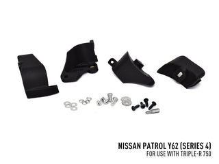 Black automotive parts and hardware on a white background with Nissan Patrol Y62 text.