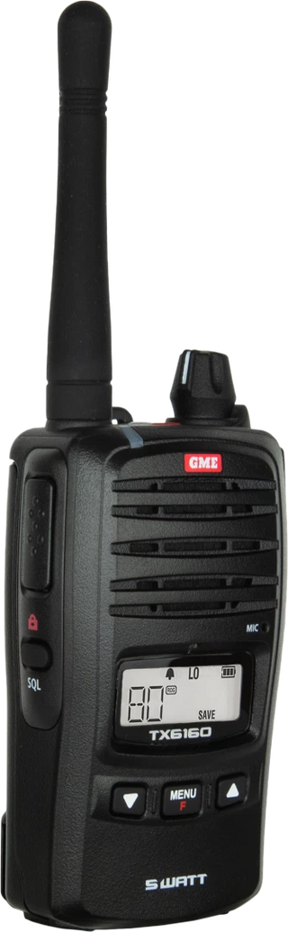GME TX6160TP 5W IP67 UHF CB Handheld Radio - Twin Pack – front three-quarter view