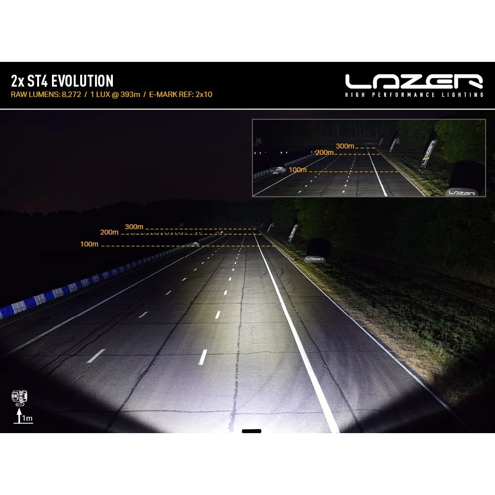 Night road photograph taken with a pair of ST4 Evolution lamps, 8,272 raw lumens, 1 lux at 393m, e-mark reference 2x10, with distance markers overlaid on the carriageway to 300m