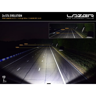 Night road photograph taken with a pair of ST4 Evolution lamps, 8,272 raw lumens, 1 lux at 393m, e-mark reference 2x10, with distance markers overlaid on the carriageway to 300m