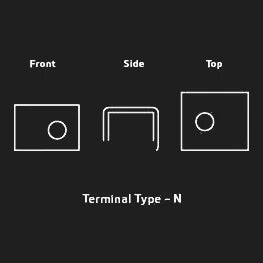 Three-view line drawing of a battery terminal, front, side and top, showing a round post in a rectangular body, labelled Terminal Type – N