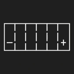 Plan outline of a six-cell battery case with the negative marked at the left end and the positive at the right