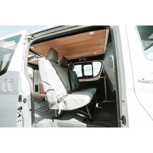 Van interior with white seats and wooden ceiling – Headspace Roof Conversion HiAce