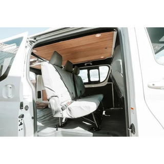 Van interior with white seats and wooden ceiling – Headspace Roof Conversion HiAce
