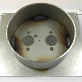 Metal component with circular holes on a white background