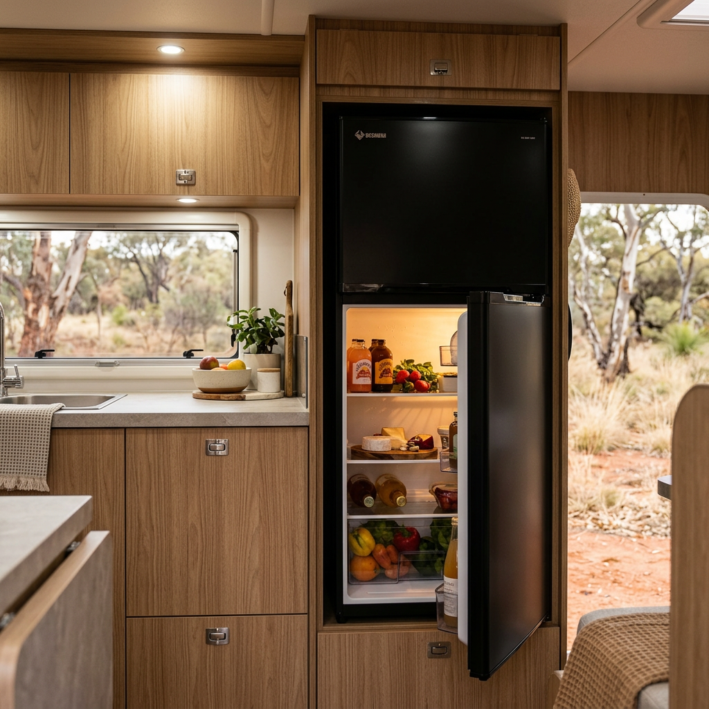 Bushman DC190L-X built into a caravan cabinet with the fridge door open, showing the stocked shelves and outback scrub through the window