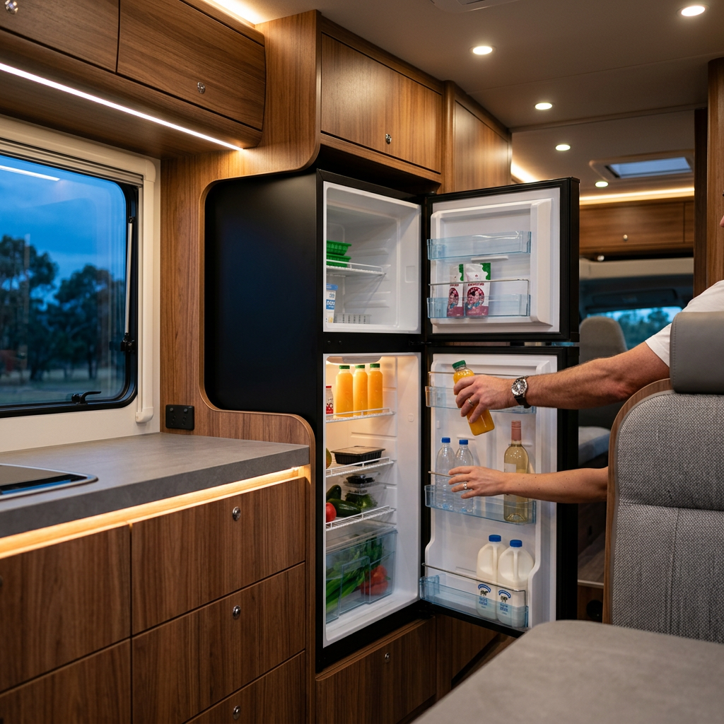 Bushman DC190L-X fitted into a motorhome kitchen cabinet with both doors open as someone takes a drink from the door shelf