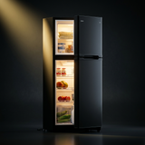 Bushman DC190L-X at an angle with both doors open and the interior LED lighting on, showing the freezer and stocked fridge shelves