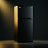 Bushman DC190L-X upright fridge freezer with both doors closed, showing the two door layout with the separate freezer above the fridge