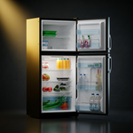 Bushman DC190L-X with both doors open, showing the separate 45 litre freezer above and the fridge section below with adjustable shelves, crisper drawer and deep door balconies