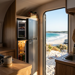 Bushman DC190L-X installed in a caravan kitchen with the doors open, looking out through the van door to a beach