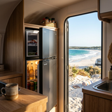 Bushman DC190L-X installed in a caravan kitchen with the doors open, looking out through the van door to a beach