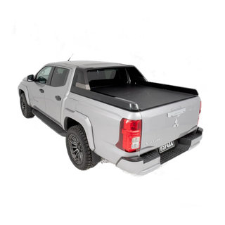 Silver pickup truck with a black tonneau cover on a white background – HSP Roll Mate Mitsubishi Triton MV