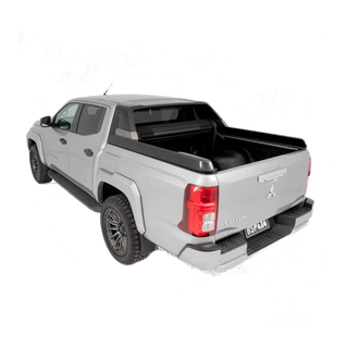 Silver pickup truck with a black tonneau cover on a white background – HSP Roll Mate Mitsubishi Triton MV