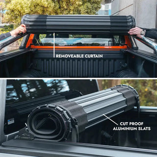 Roll-up cover with cut-proof slats and removeable curtain in a vehicle.