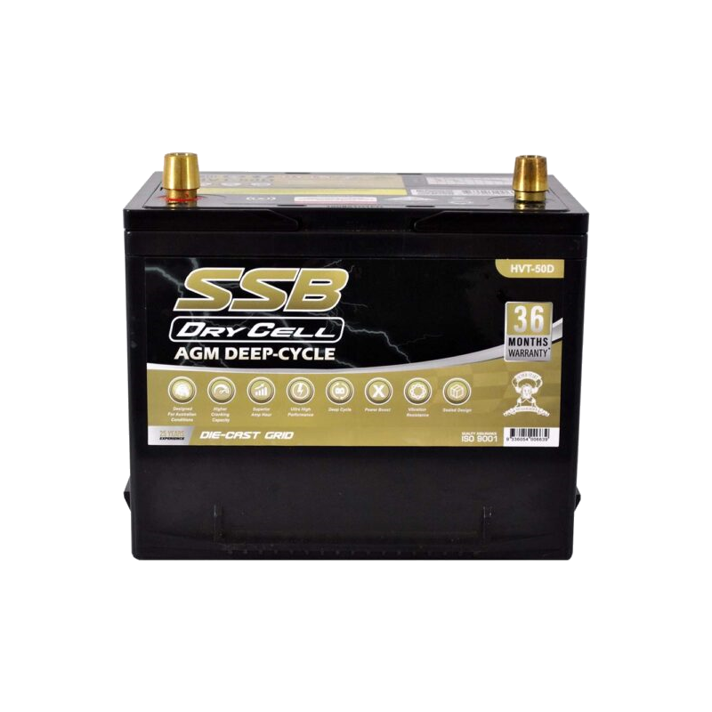 A black SSB DryCell AGM Deep-Cycle battery with model details and warranty information on the label.
