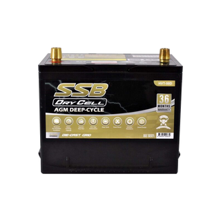 A black SSB DryCell AGM Deep-Cycle battery with model details and warranty information on the label.