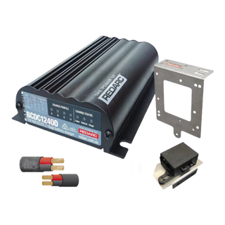 Install kit for Redarc BCDC Classic40 BCDC1240D 40A DC-DC charger with vehicle-specific mounting bracket, dual-MIDI fuse holder, two MIDI fuses and Elevate fuse-holder bracket, Australian-made