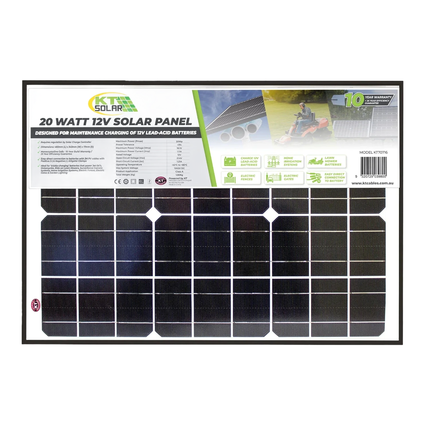 20 Watt, 12V Single Cell Monocrystalline Solar Panel