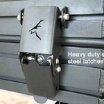 Heavy-duty stainless steel latches on the Bush Company AX27 Clamshell Rooftop Tent