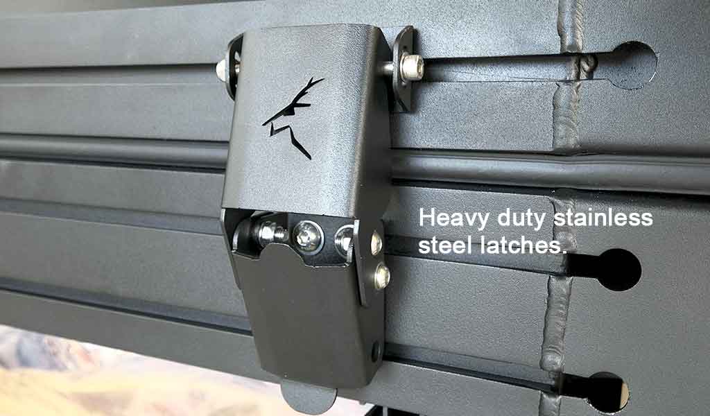 Heavy-duty stainless steel latches on the Bush Company AX27 Clamshell Rooftop Tent