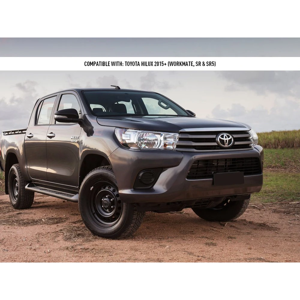 Lazer Lamps Grille Kit for Toyota Hilux (2017-2020) – grey Toyota Hilux ute on a dirt road with a cloudy sky in the background.