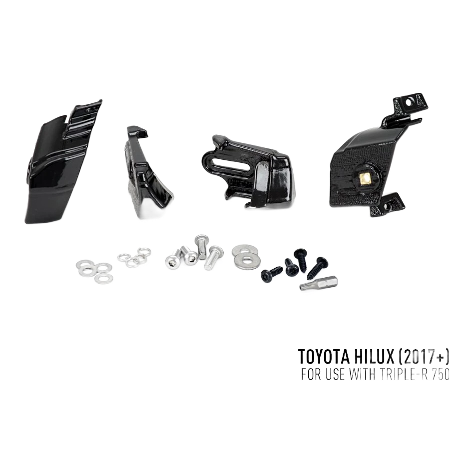 Lazer Lamps Grille Kit for Toyota Hilux (2017-2020) – set of black mechanical parts and screws on a white background with Toyota Hilux 2017+ text.