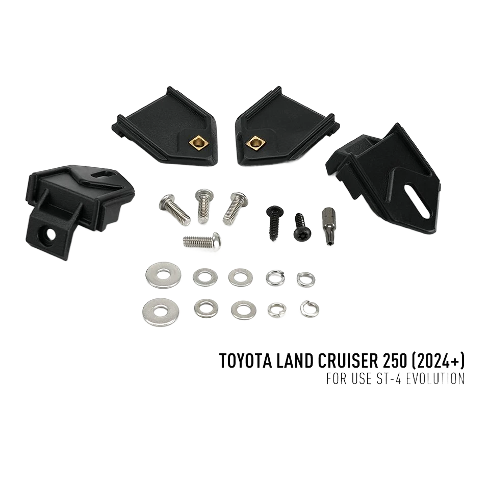 Lazer Lamps Grille Kit suitable for Toyota Land Cruiser 250 (2024+) ST4 Evolution – set of black mechanical components and screws on a white background with Toyota Land Cruiser 250 text.