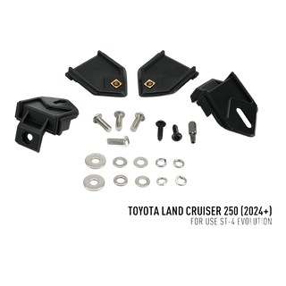 Lazer Lamps Grille Kit suitable for Toyota Land Cruiser 250 (2024+) ST4 Evolution – set of black mechanical components and screws on a white background with Toyota Land Cruiser 250 text.