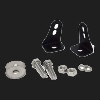 Black metal brackets with screws and washers on a white background